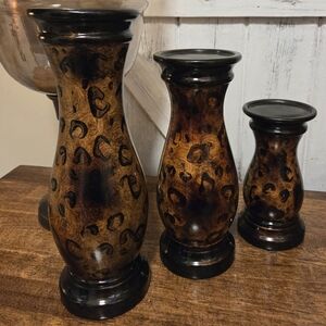 VTG: Decorative Leopard-Print Ceramic Pillar Candle Holders
